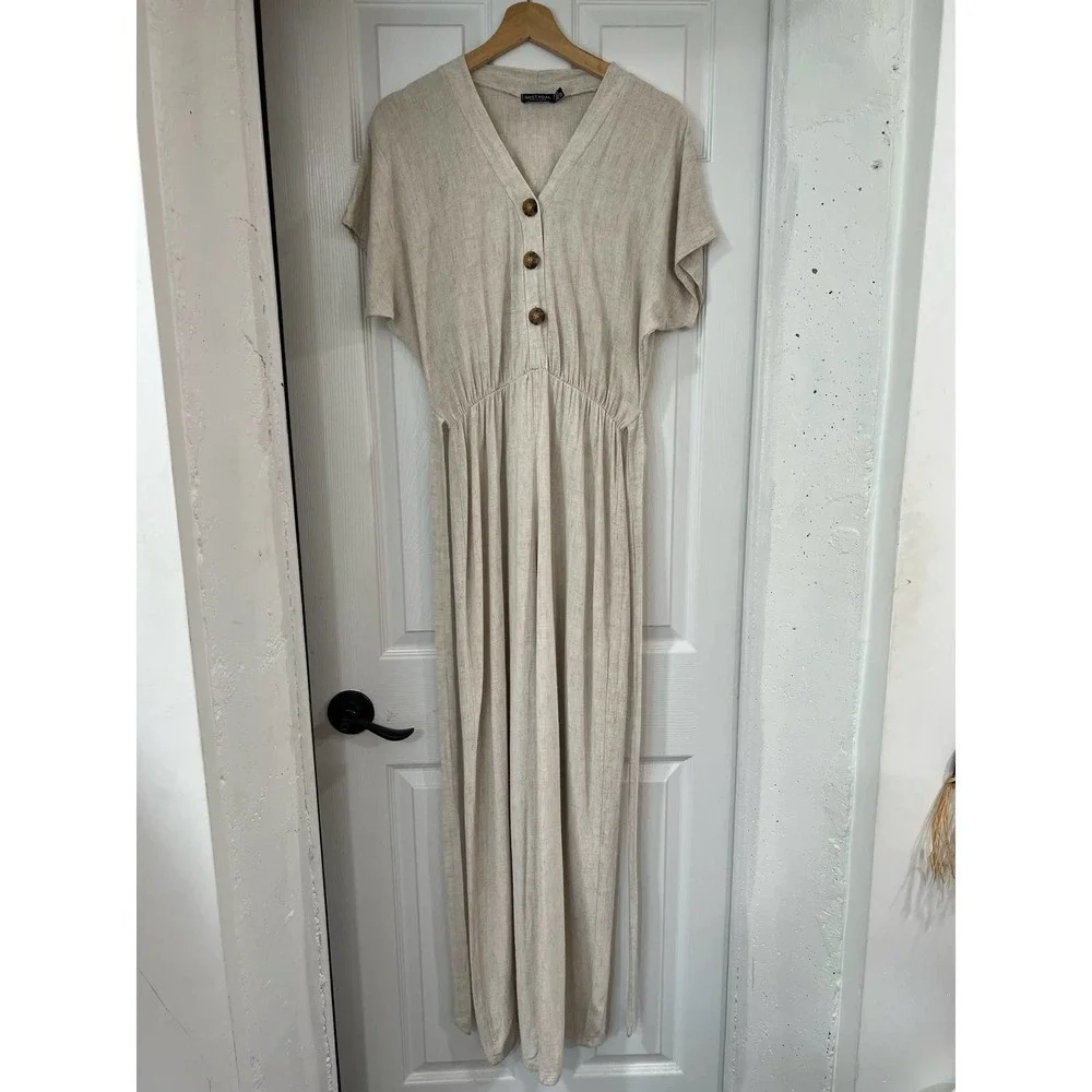 NASTY GAL Clean Girl Quiet Luxury Linen Button Up Wide Leg Jumpsuit Cream 4 - Picture 6 of 8